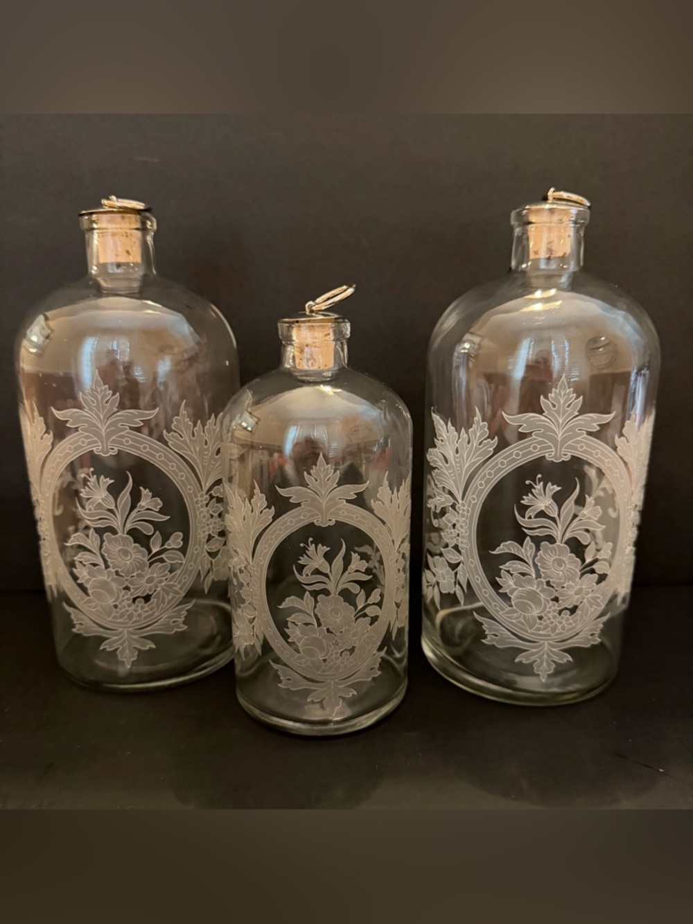 3 Vintage Apothecary Vanity Bottle Frosted Floral Medallion Cork Stopper
